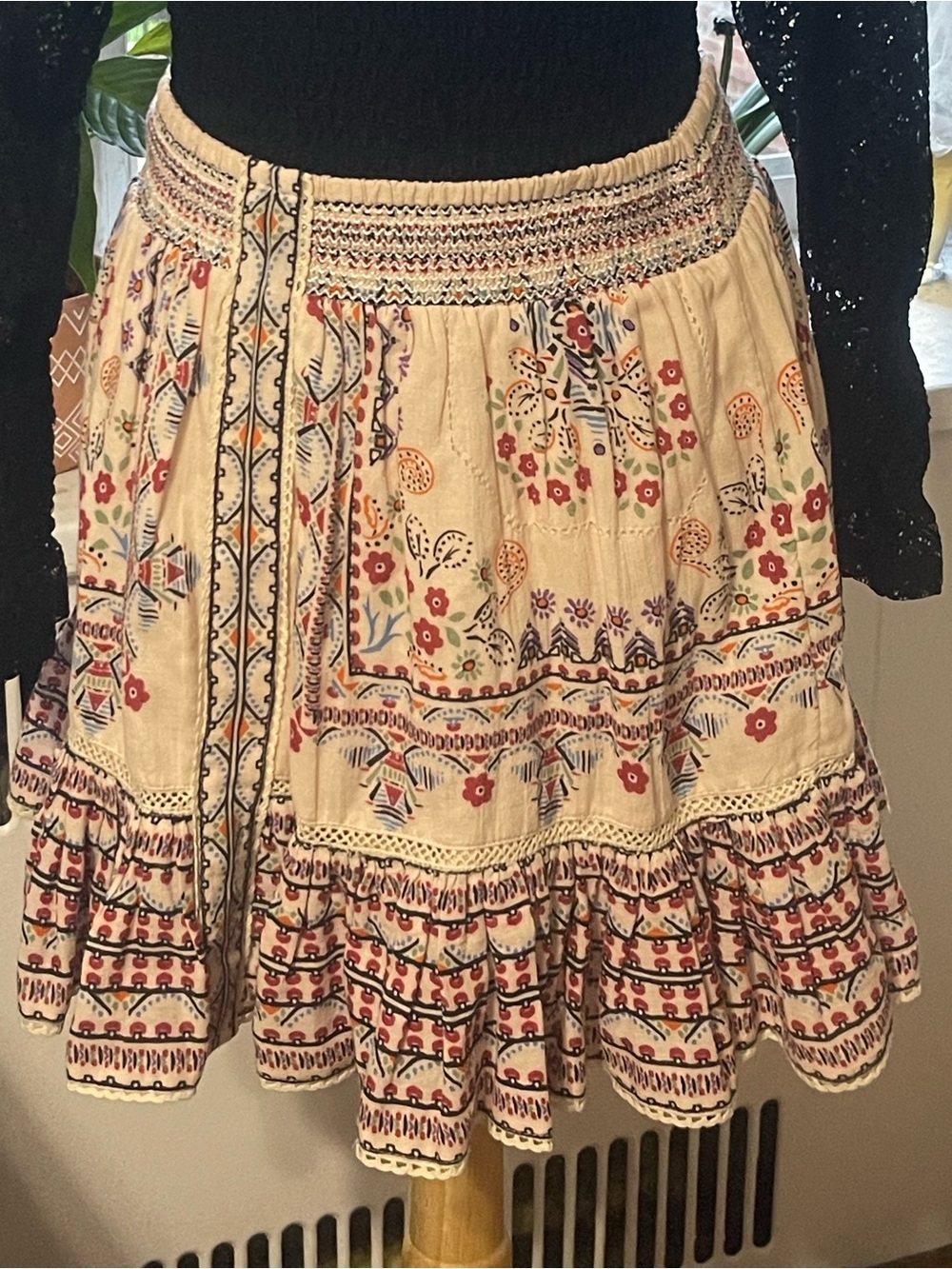 Embroidered Cream Boho Circle Skirt with Floral Motif